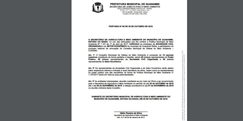 1 191 e1572535879615 Assembleia escolherá novos componentes do Conselho do Meio Ambiente em Guanambi