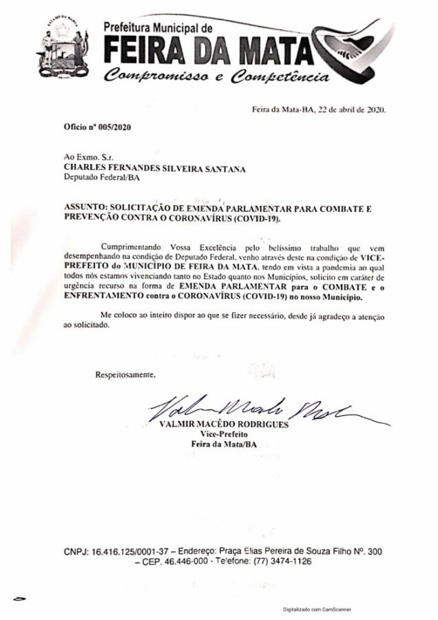 CamScanner 05 09 2020 07.34.12 page 0001 e1589285169603 Vice-prefeito de Feira da Mata destaca importância de emenda para prevenção ao Coronavírus