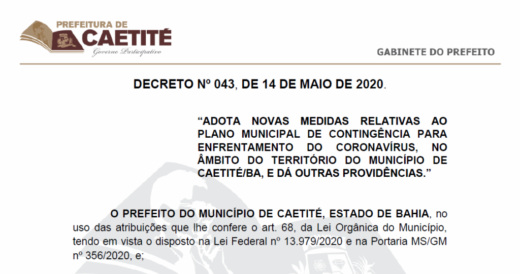 Decreto 043 2020 Caetité: novo decreto cancela festejos de São João e 2 de Julho e prorroga o isolamento social por mais 15 dias