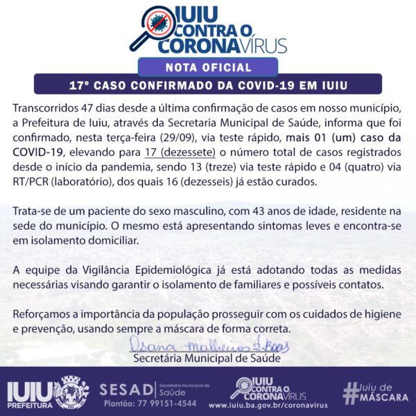 WhatsApp Image 2020 09 29 at 11.19.07 1 e1601393127508 Após 47 dias, Iuiu confirma o 17º caso de covid-19