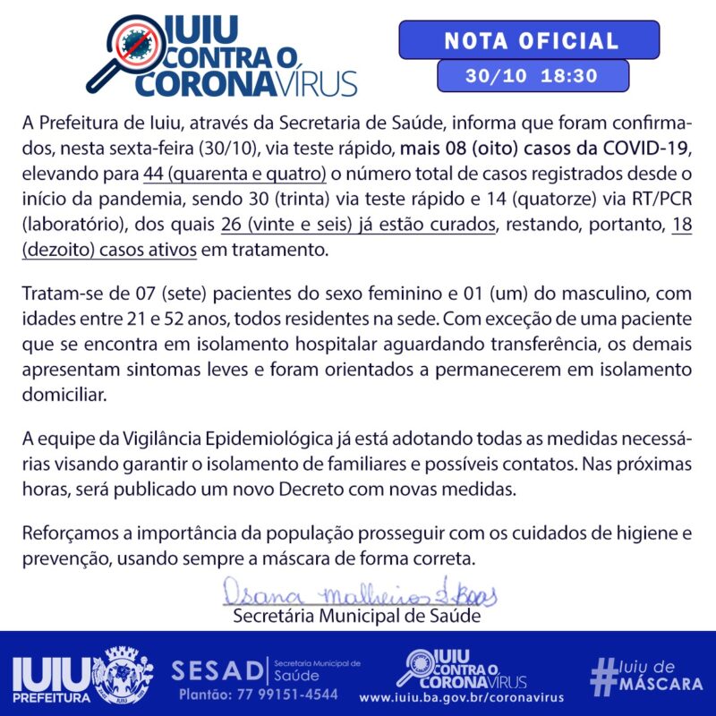 WhatsApp Image 2020 10 30 at 19.50.29 1 e1604101041635 Iuiu registra mais 8 casos de covid-19 e atinge 44 infectados; 26 estão curados