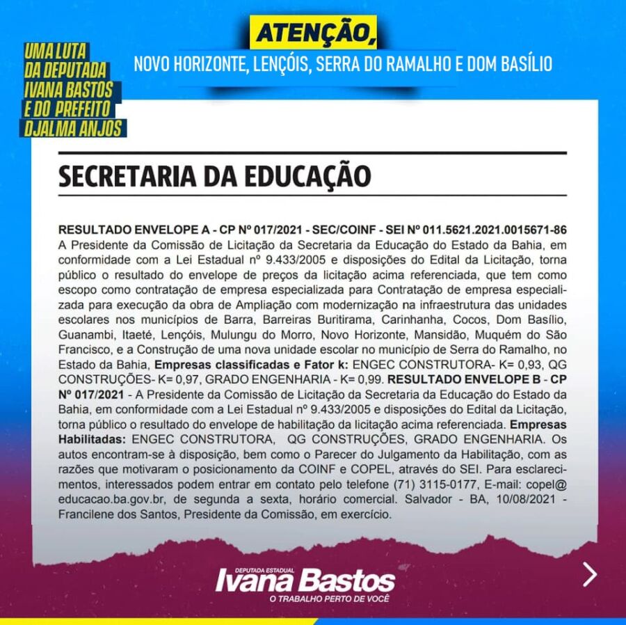 licitacao Após luta de Ivana Bastos, Secretaria de Educação abre licitação para obras em escolas de diversos municípios