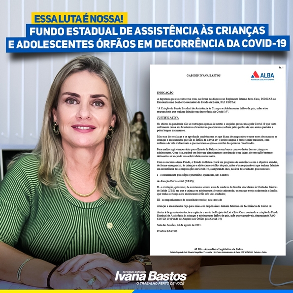 PROJETO Ivana defende Fundo de Assistência à menores órfãos da Covid-19