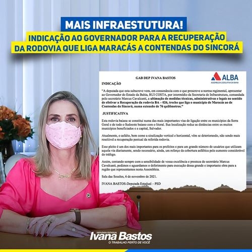 Indicacao estrada Ivana Bastos indica ao governador a recuperação da rodovia que liga Maracás a Contendas do Sincorá