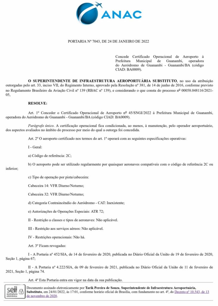 WhatsApp Image 2022 01 28 at 16.07.05 ANAC concede Certificação Operacional permanente do Aeroporto de Guanambi; gestão segue modernizando o espaço