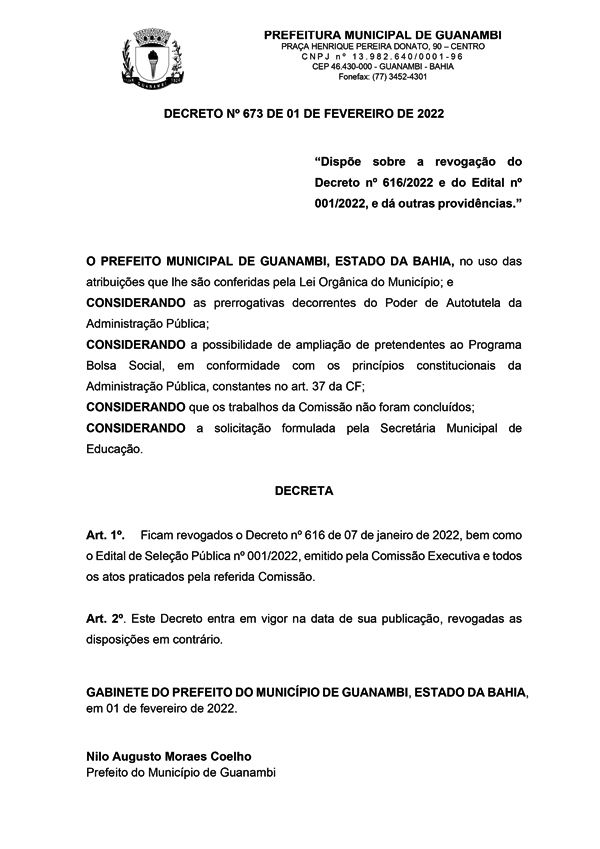 0001 Prefeito Nilo Coelho revoga Decreto nº 616 e Edital para obtenção de Bolsas Sociais; “faremos um edital mais amplo, social e justo”