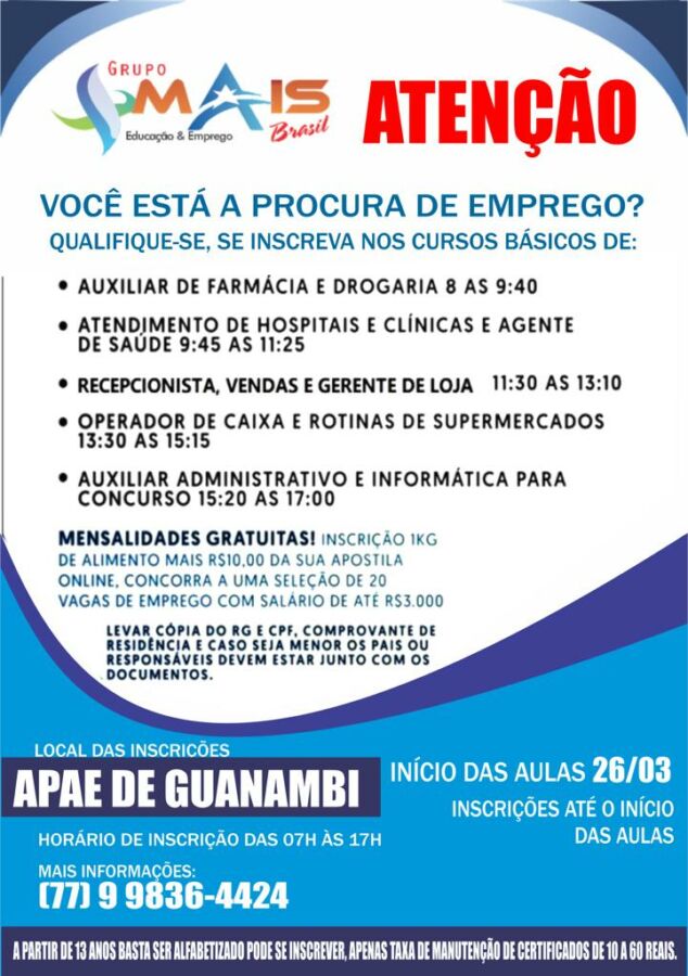 WhatsApp Image 2022 03 22 at 14.28.37 1 Empresa Mais Brasil oferece cursos de capacitação profissional sem mensalidade em Guanambi; confira como se inscrever