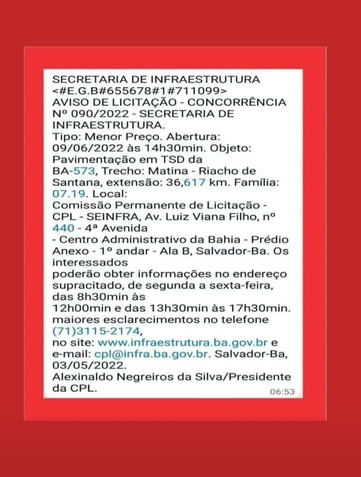 279899189 372262828279419 5139438072283018468 n Publicada a licitação para construção do asfalto Matina a Riacho de Santana