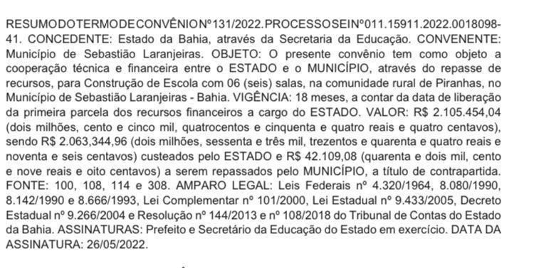 CONVENIO 1 Prefeitura de Sebastião Laranjeiras viabiliza convênio de R$ 2 milhões para construção de escola em Piranhas