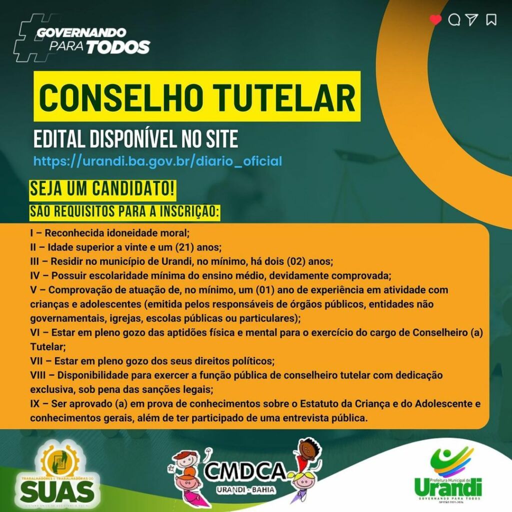 Snapinsta.app 339686580 212003848138805 1486828028675374957 n 1080 1 1 Prefeitura de Urandi publica edital de inscrição para Conselheiros Tutelares