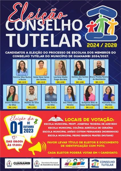 Eleicoes unificadas para Conselheiroa tutelar de Guanambi 2023 Eleições unificadas para Conselheiro(a) tutelar de Guanambi /2023; confira candidatos