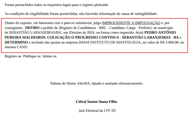 Justiça Eleitoral nega pedido da oposição e defere candidatura de Dr. Pedro à prefeitura de Sebastião Laranjeiras