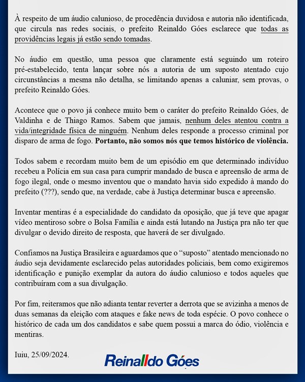 Iuiu: Prefeito Reinalldo Góes questiona suposto atentado que candidato Robson Bezerra alega ter sofrido