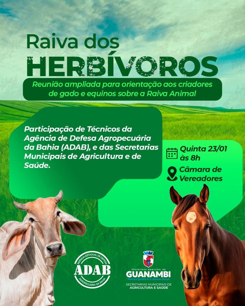 WhatsApp Image 2025 01 15 at 18.38.54 Secretarias de Saúde e Agricultura de Guanambi realizarão em parceria com a ADAB, reunião ampliada com criadores de gado e equinos para orientações sobre raiva animal